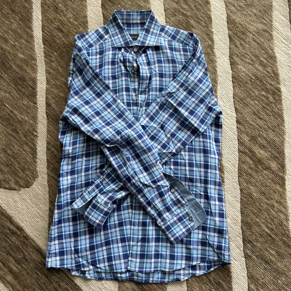 Zegna Sport Mens Long Sleeve Blue Plaid Shirt